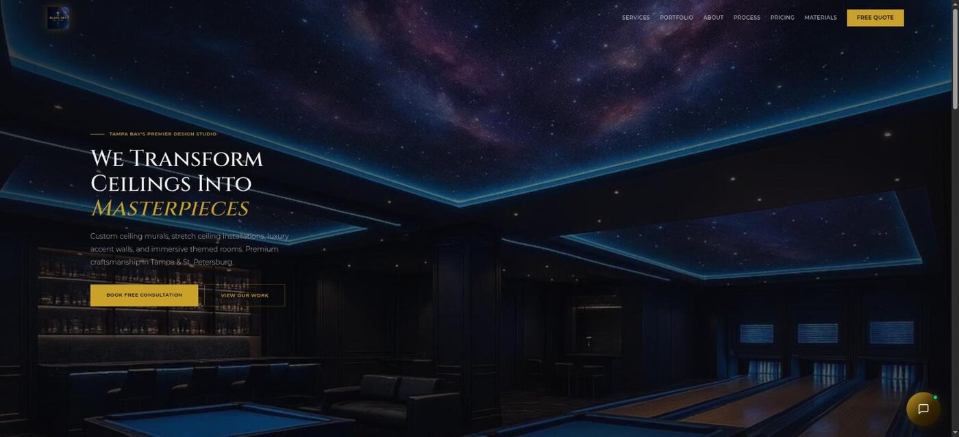 Black Sky Designs website showing a starlit stretch ceiling