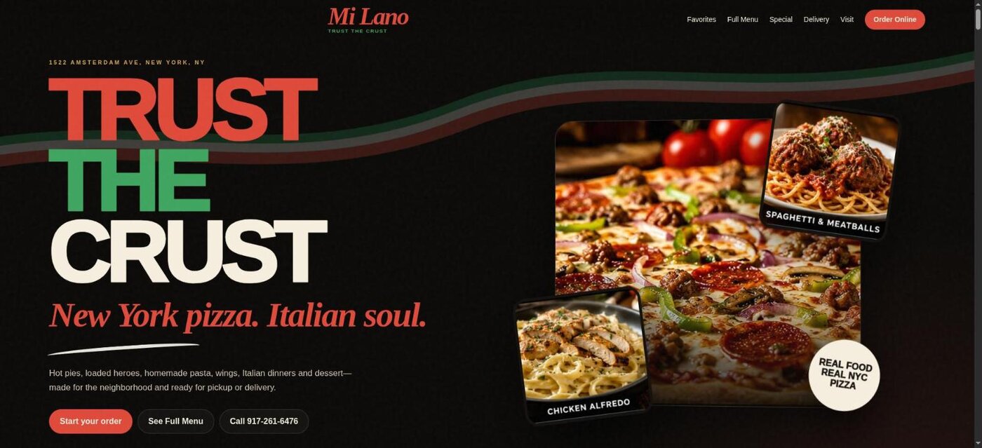 Mi Lano pizzeria website, hero reading Trust the Crust