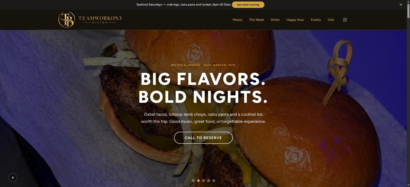 TeamworkOn3 Bistro website, hero reading Big Flavors Bold Nights